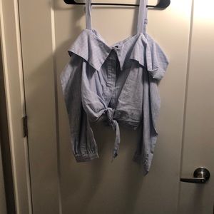 Pin striped, off the shoulder, button/tie top